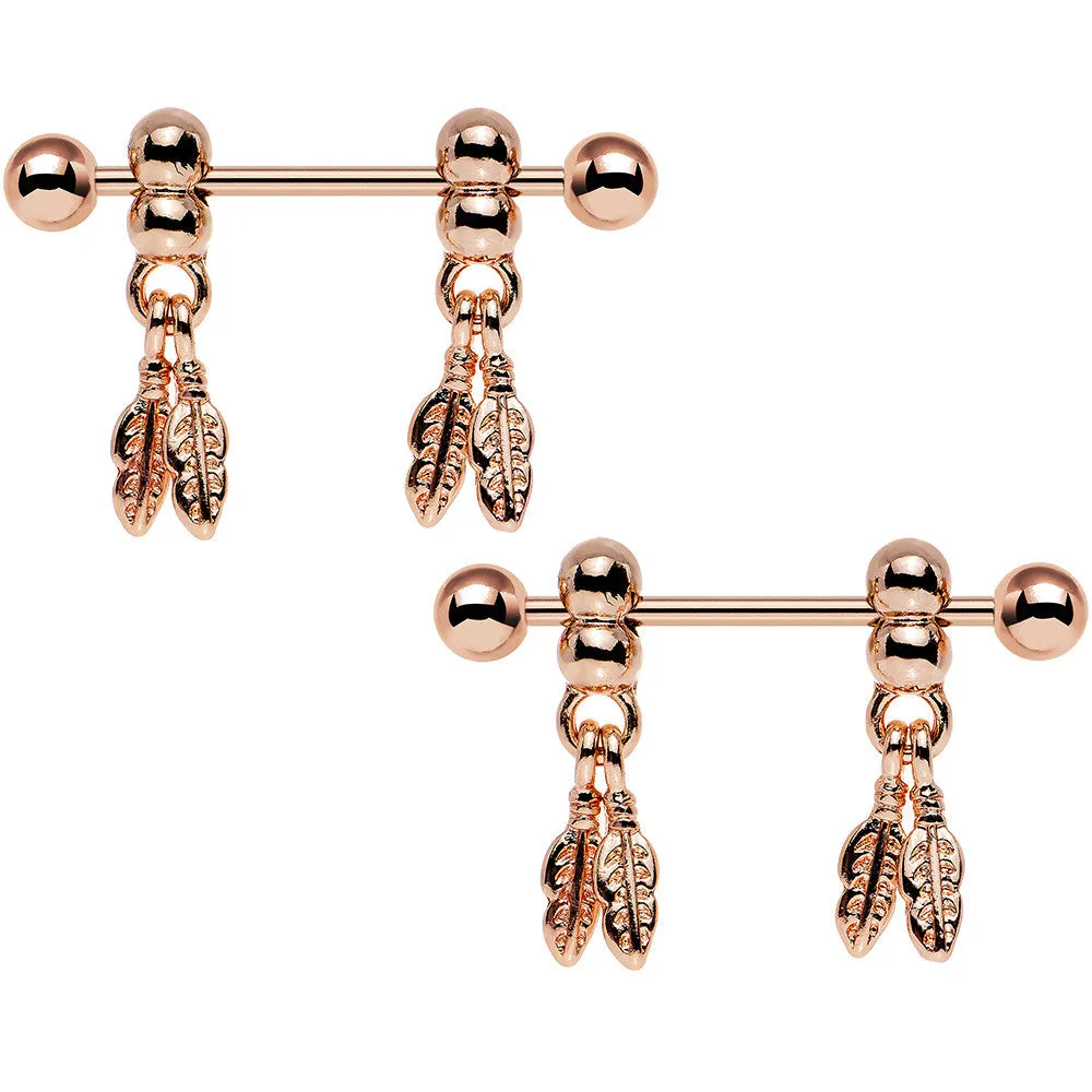 14 Gauge .94 Rose Gold Fair Weather Feather Dangle Nipple Ring Set