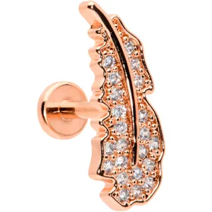 16 Gauge 1/4 Clear CZ Rosy Hue Feather Internal Threaded Labret Tragus