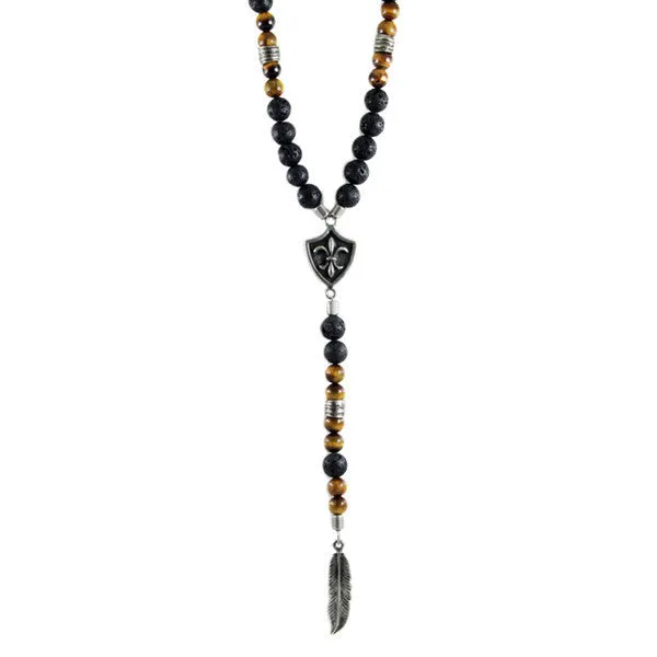 3 of a Kind Bead Combination Necklace with Fleur De Lys Shield and Feather