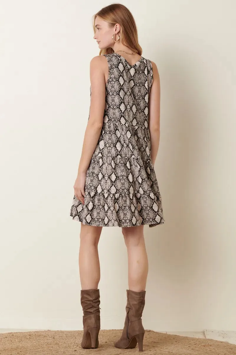 ADORA Snake Print Ruffle Detail Tank Dress