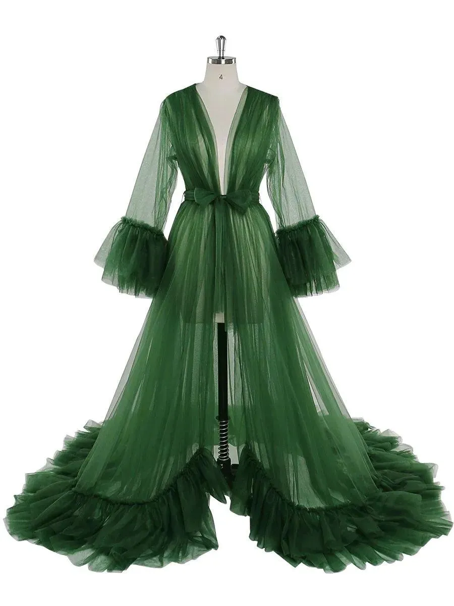 Bell Sleeve V Neck Bow Ruffled Luxury Robe
