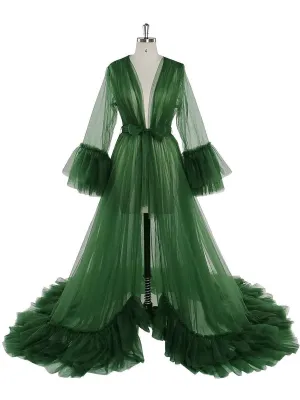 Bell Sleeve V Neck Bow Ruffled Luxury Robe