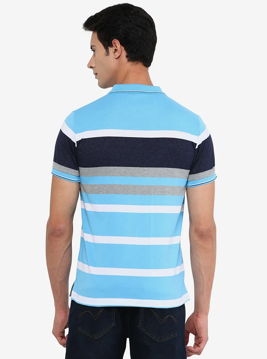 Blue & White Striped Slim Fit Polo T-Shirt | Greenfibre