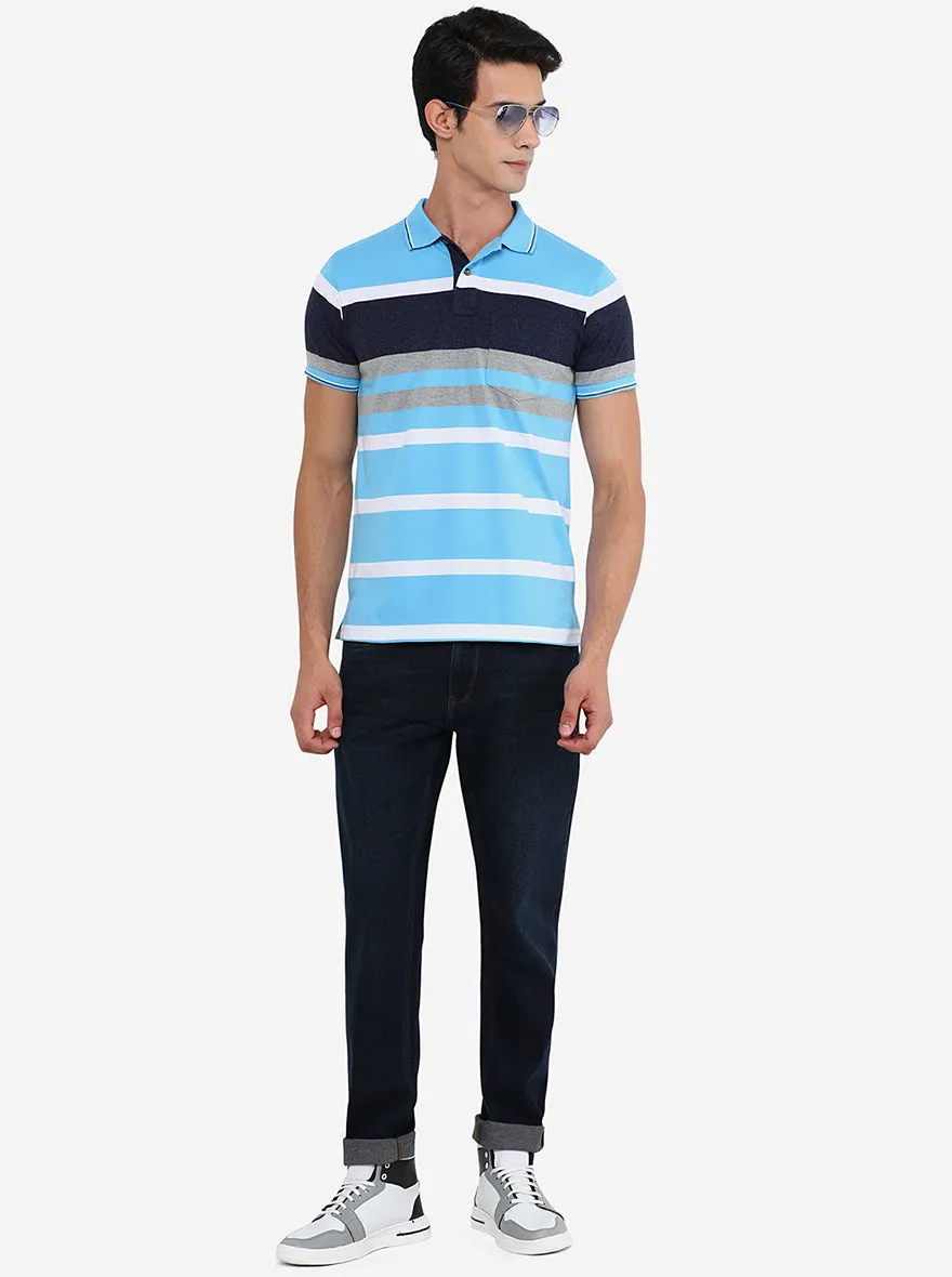 Blue & White Striped Slim Fit Polo T-Shirt | Greenfibre