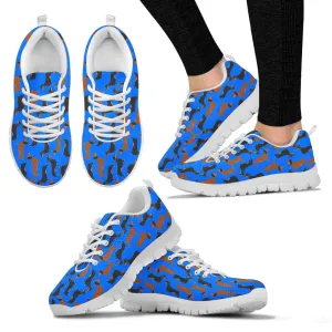 Blue background, white soles, dachshunds
