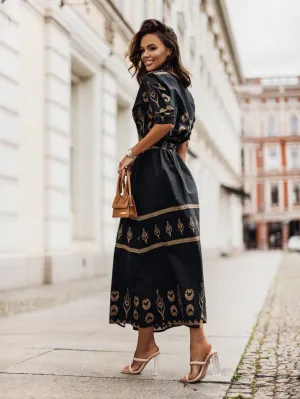 Chic Printed Button-Up Belted Midi Shirt Dress