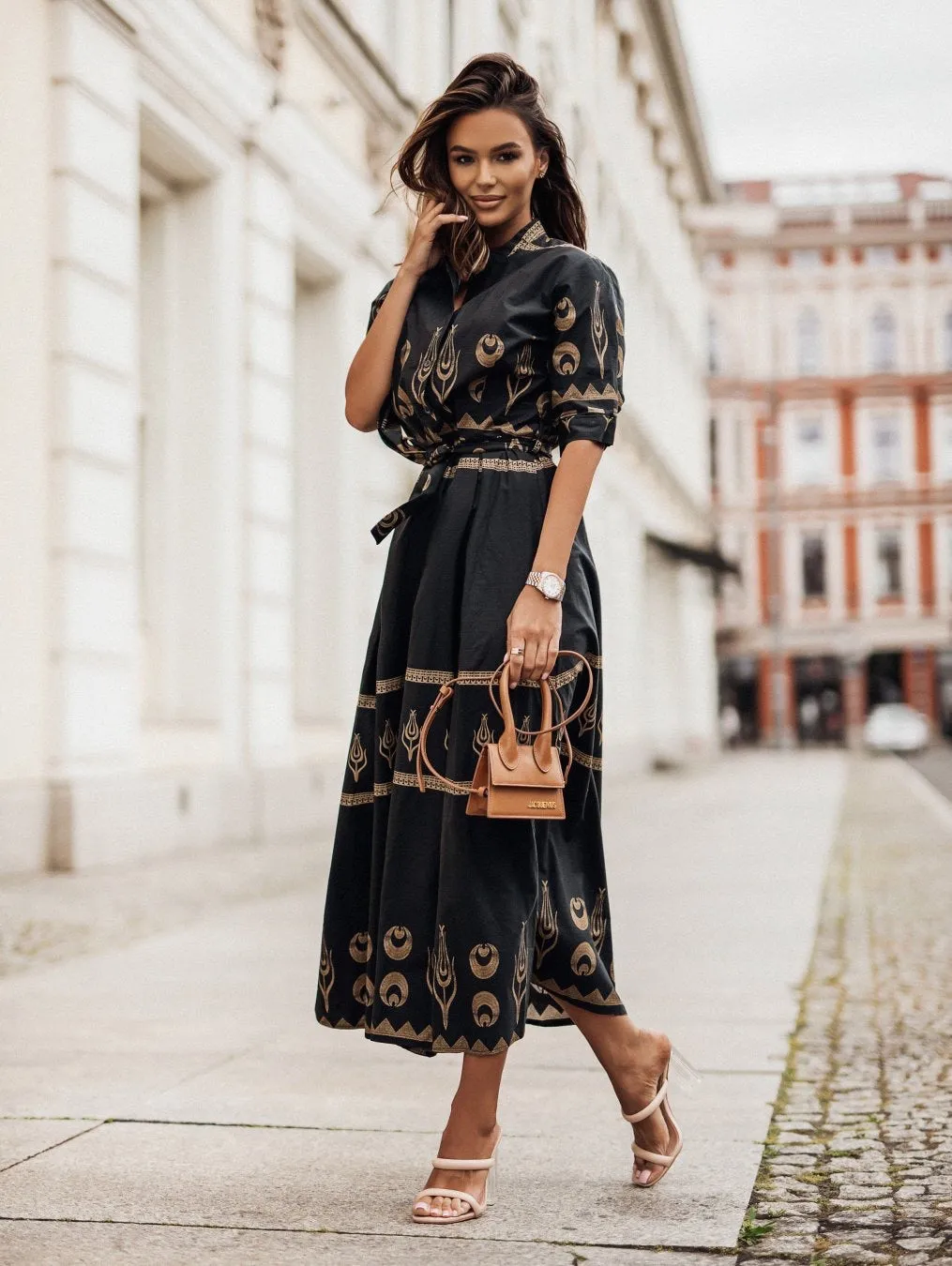 Chic Printed Button-Up Belted Midi Shirt Dress