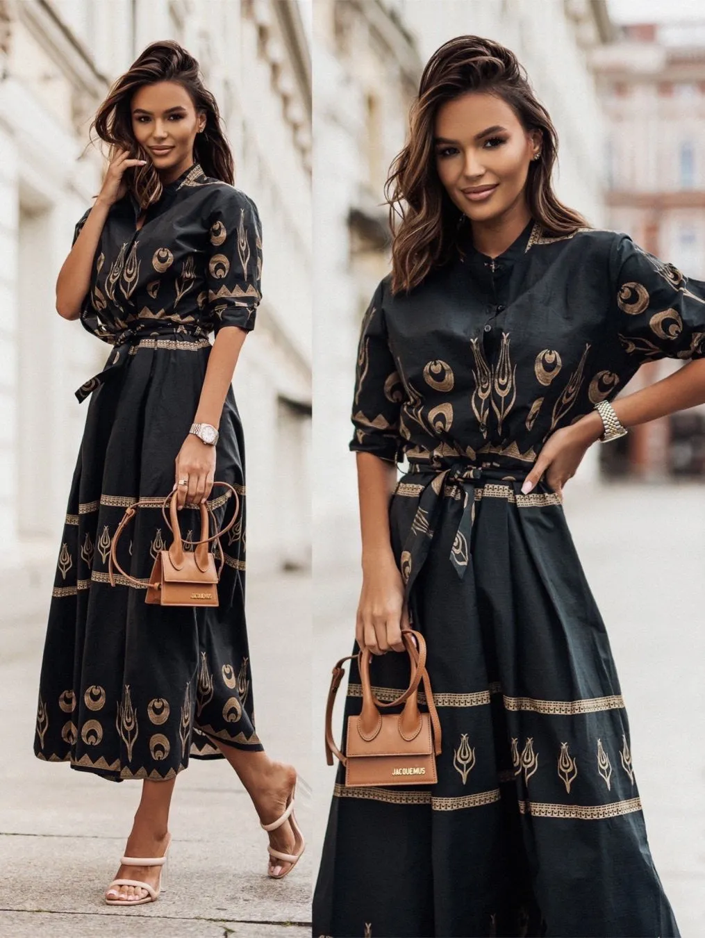 Chic Printed Button-Up Belted Midi Shirt Dress