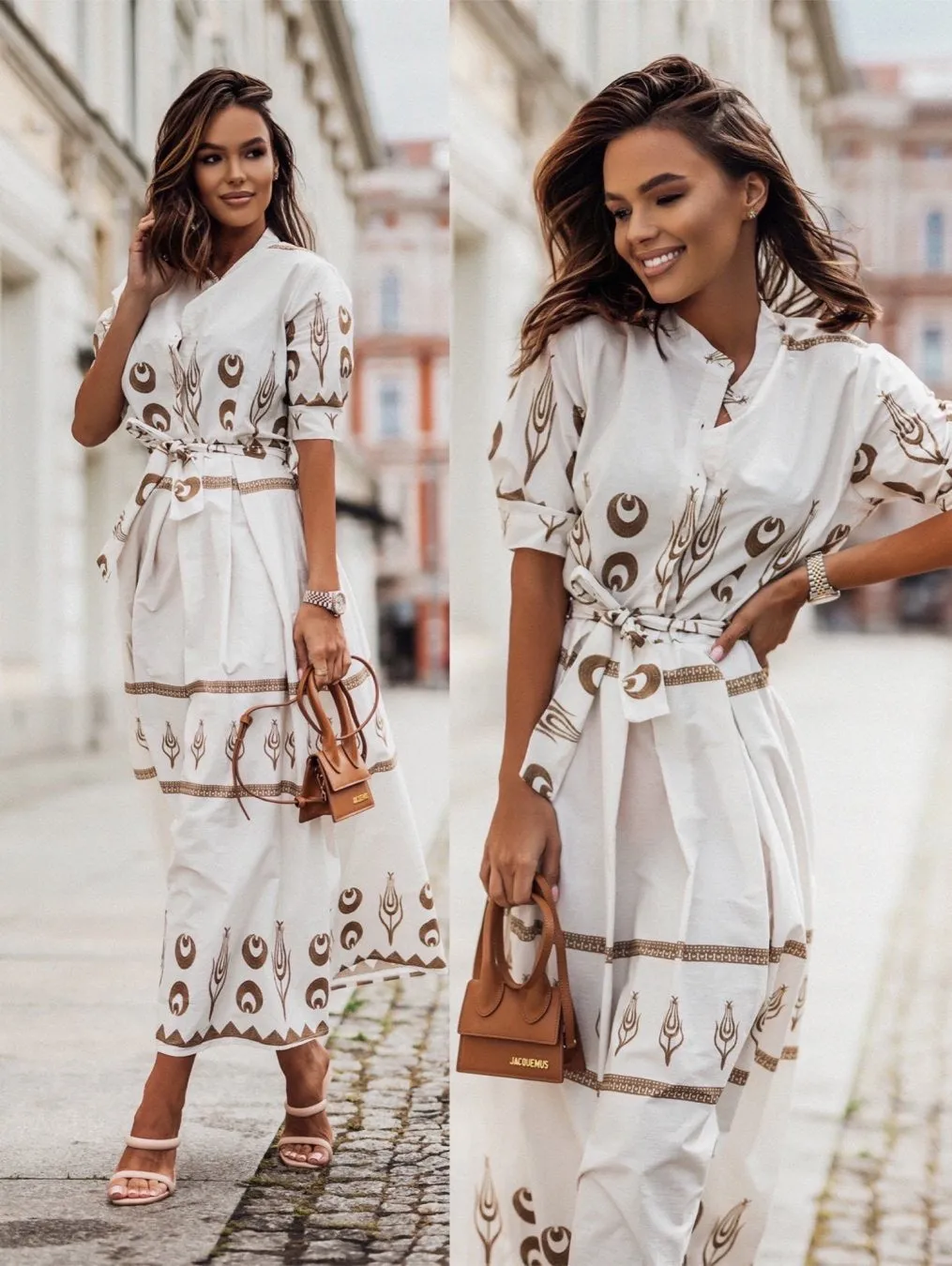 Chic Printed Button-Up Belted Midi Shirt Dress