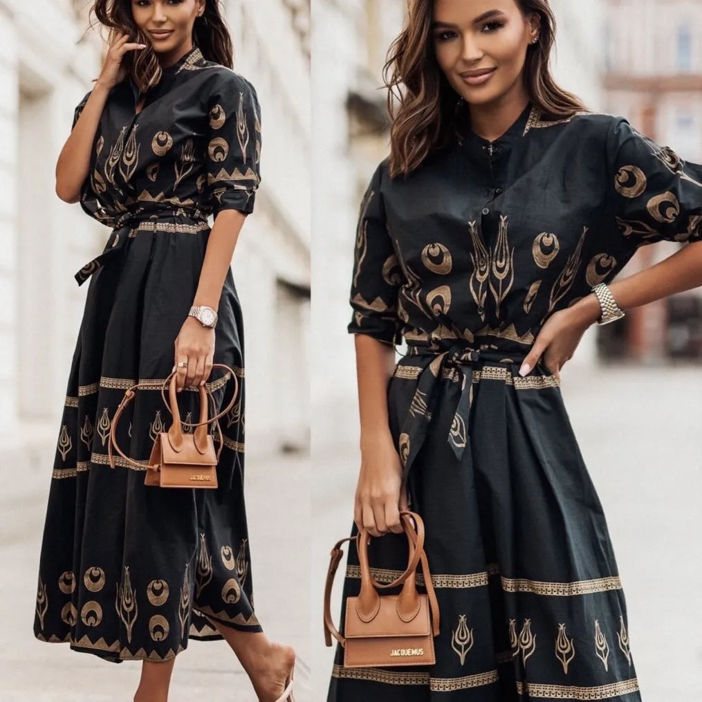 Chic Printed Button-Up Belted Midi Shirt Dress