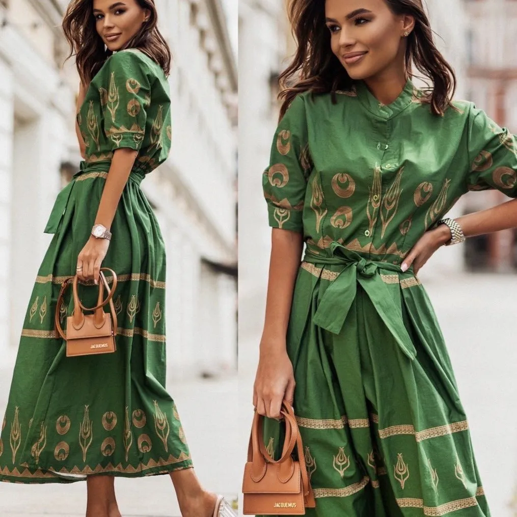 Chic Printed Button-Up Belted Midi Shirt Dress