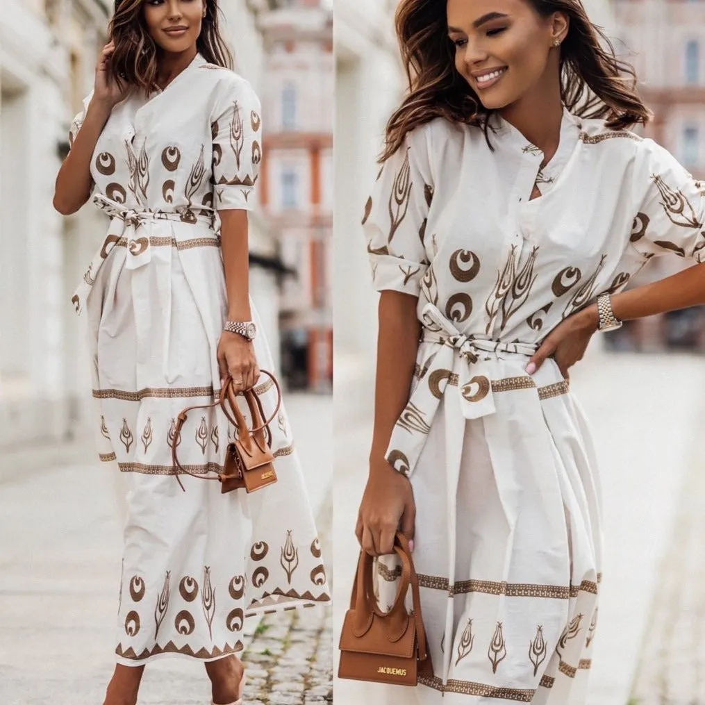 Chic Printed Button-Up Belted Midi Shirt Dress