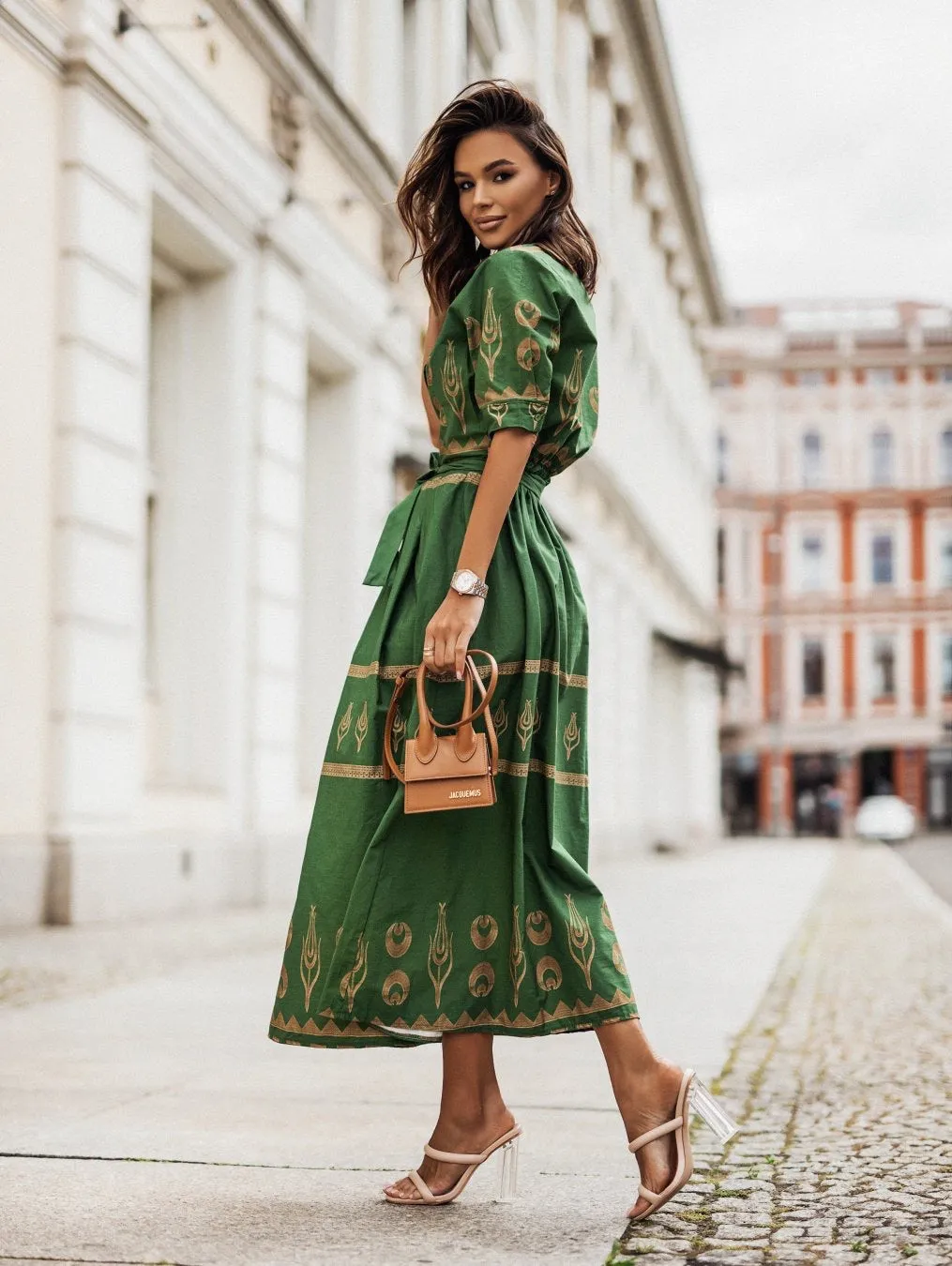 Chic Printed Button-Up Belted Midi Shirt Dress