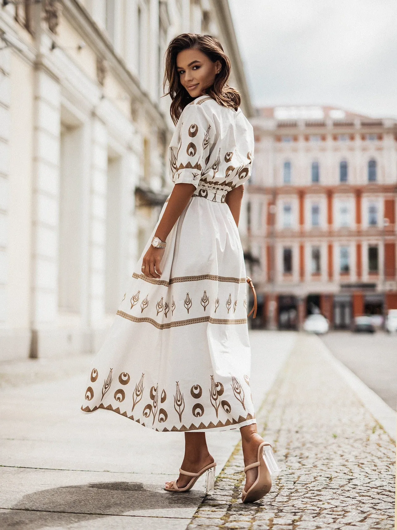 Chic Printed Button-Up Belted Midi Shirt Dress