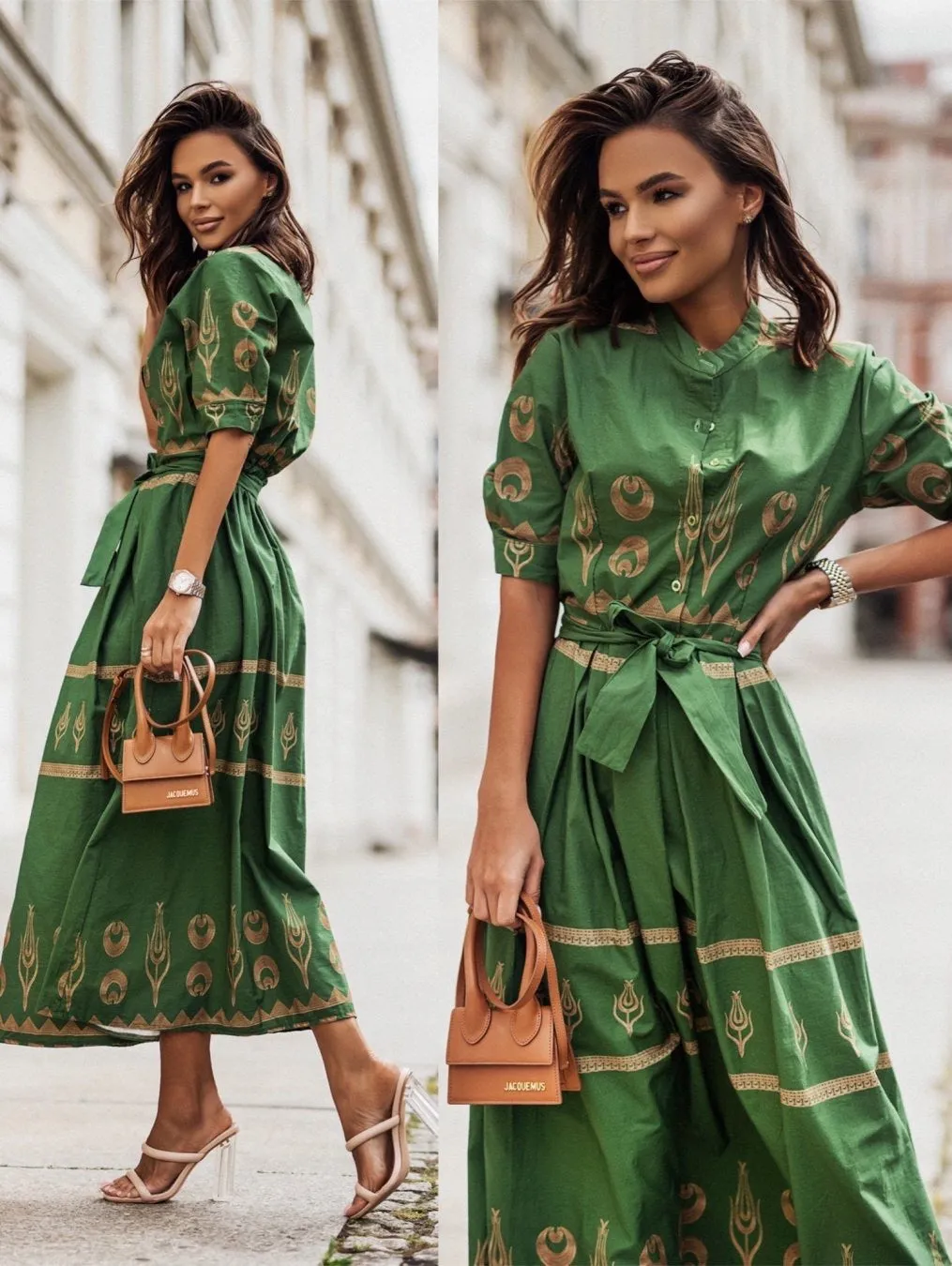 Chic Printed Button-Up Belted Midi Shirt Dress
