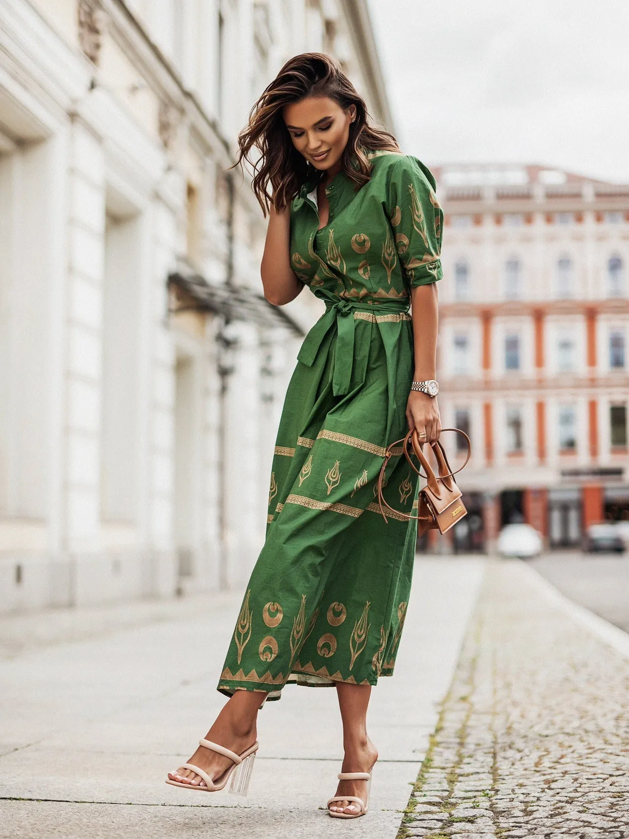 Chic Printed Button-Up Belted Midi Shirt Dress