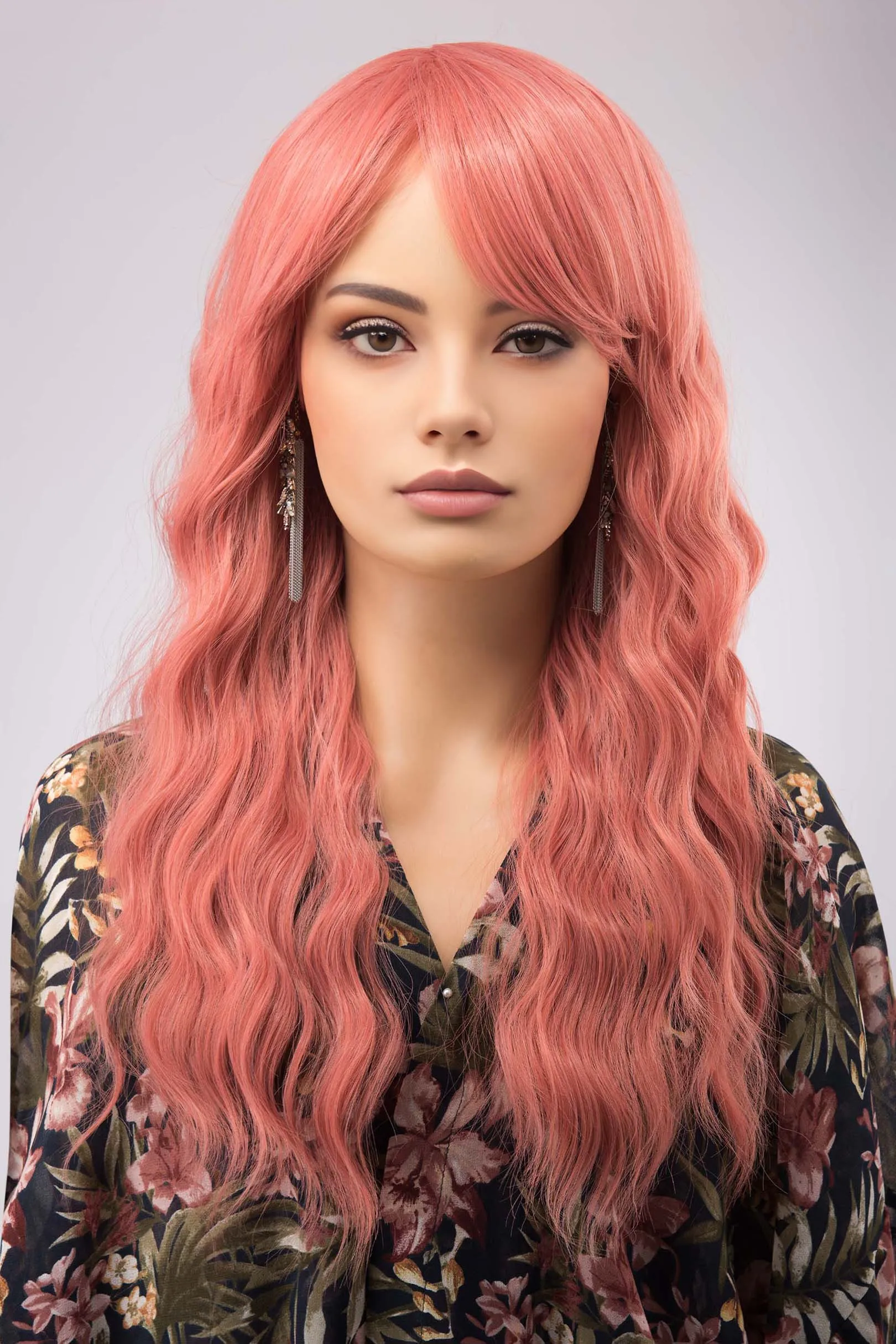 Coral Pastel Pink Wavy Synthetic Wig with Bangs Meera