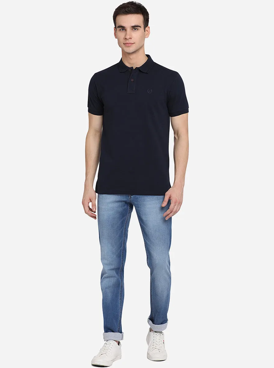 Dark Blue Solid Slim Fit Polo T-Shirt | Greenfibre