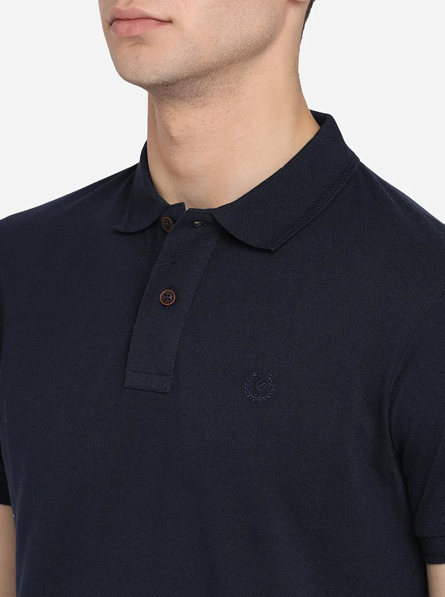Dark Blue Solid Slim Fit Polo T-Shirt | Greenfibre