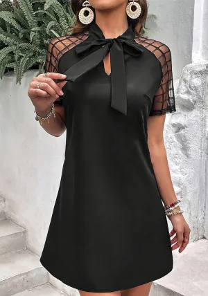 Elegant Bow-Tie Neck A-Line Dress with Sheer Plaid Mesh Sleeves