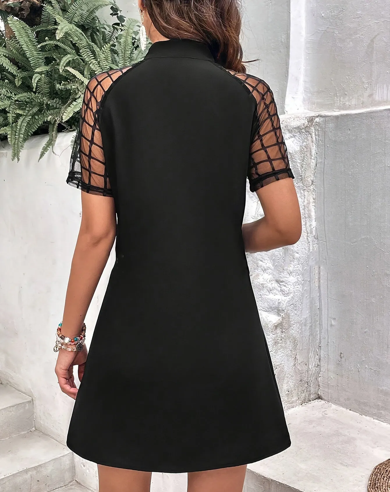 Elegant Bow-Tie Neck A-Line Dress with Sheer Plaid Mesh Sleeves