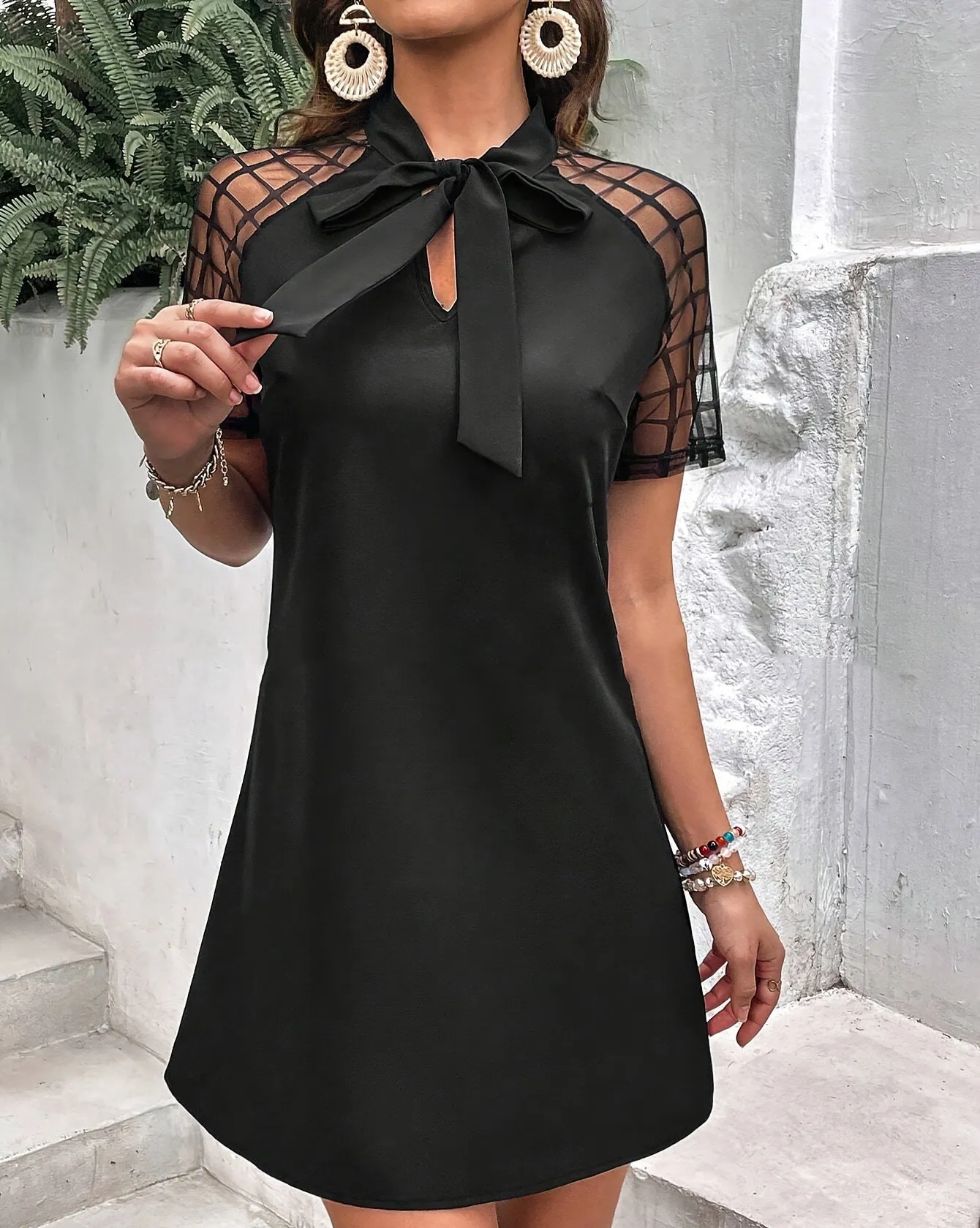 Elegant Bow-Tie Neck A-Line Dress with Sheer Plaid Mesh Sleeves