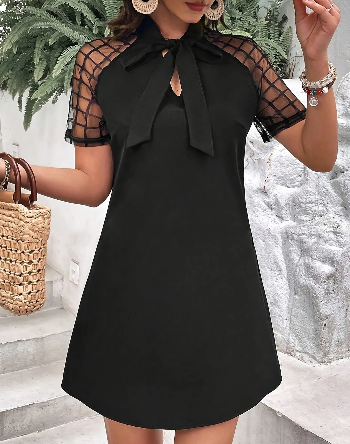 Elegant Bow-Tie Neck A-Line Dress with Sheer Plaid Mesh Sleeves