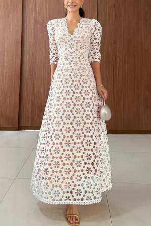 Elegant Floral Lace Half Sleeve High Waist Maxi Dress for Special Occasions