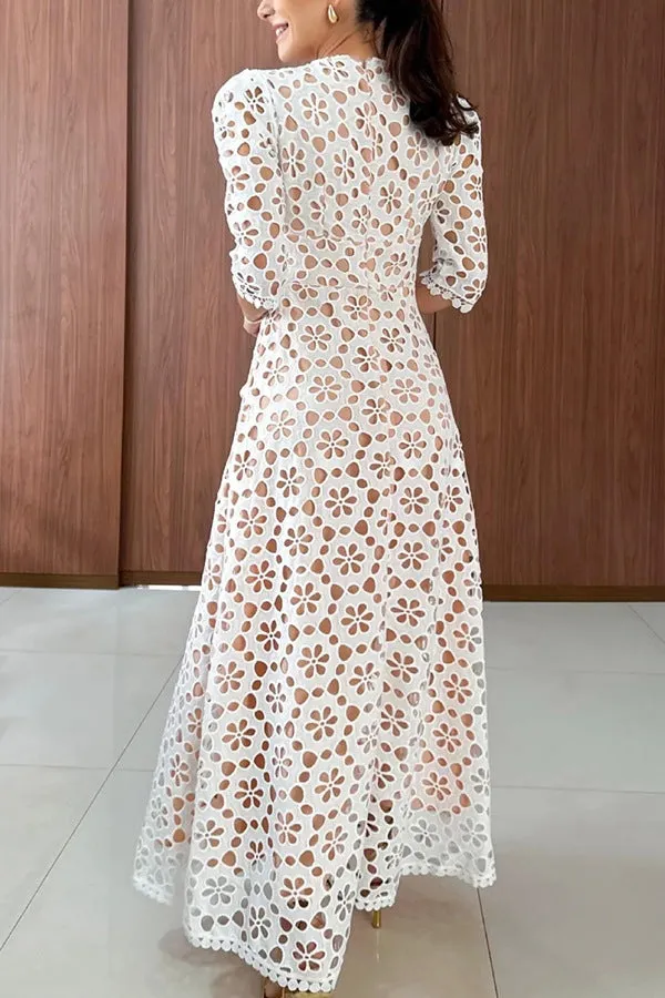 Elegant Floral Lace Half Sleeve High Waist Maxi Dress for Special Occasions