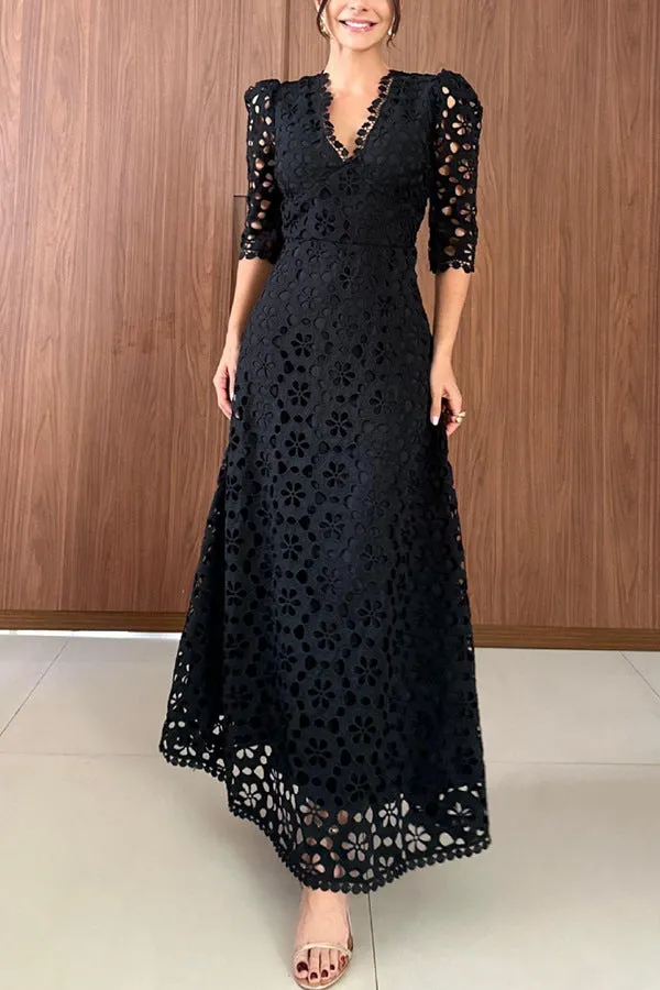 Elegant Floral Lace Half Sleeve High Waist Maxi Dress for Special Occasions