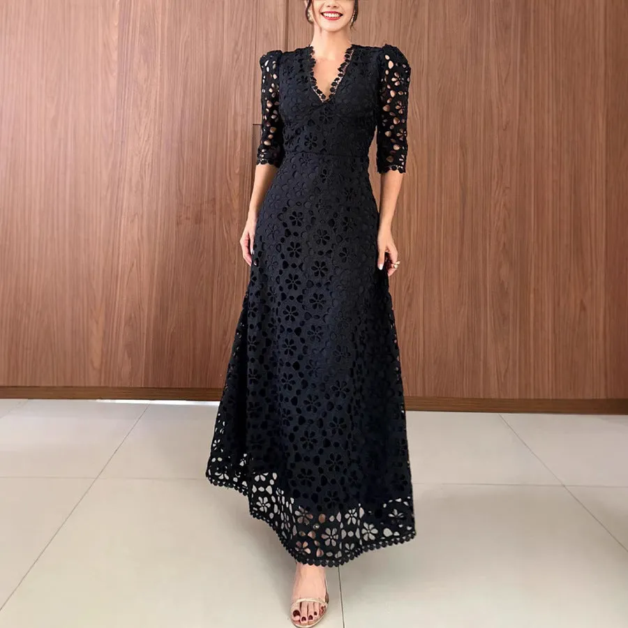 Elegant Floral Lace Half Sleeve High Waist Maxi Dress for Special Occasions