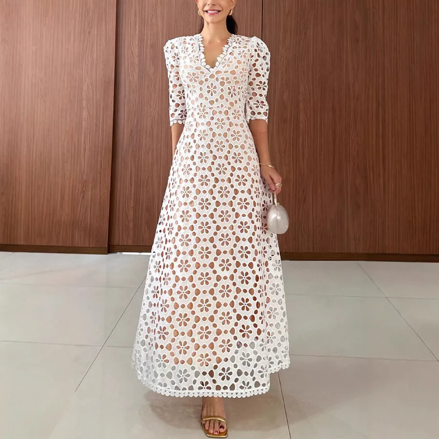 Elegant Floral Lace Half Sleeve High Waist Maxi Dress for Special Occasions
