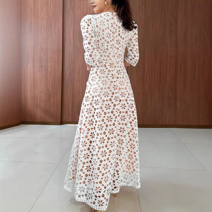 Elegant Floral Lace Half Sleeve High Waist Maxi Dress for Special Occasions