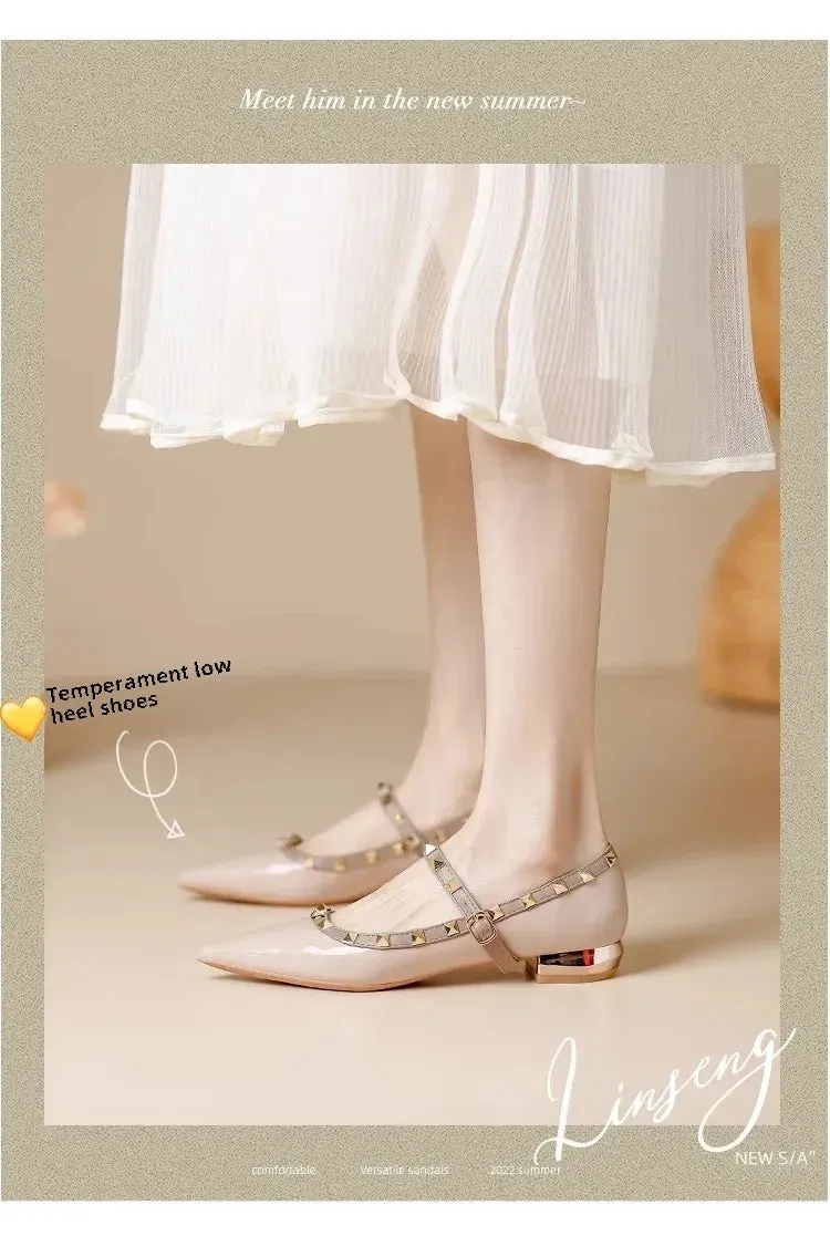 Elegant French Style Cropped Studded Flat Bottom Sandals Women's Summer Tweed Pattern Medial Vacancy Pointe Roman Design