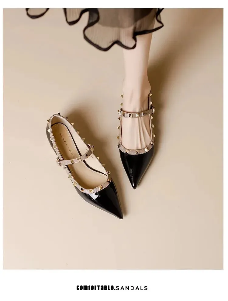 Elegant French Style Cropped Studded Flat Bottom Sandals Women's Summer Tweed Pattern Medial Vacancy Pointe Roman Design