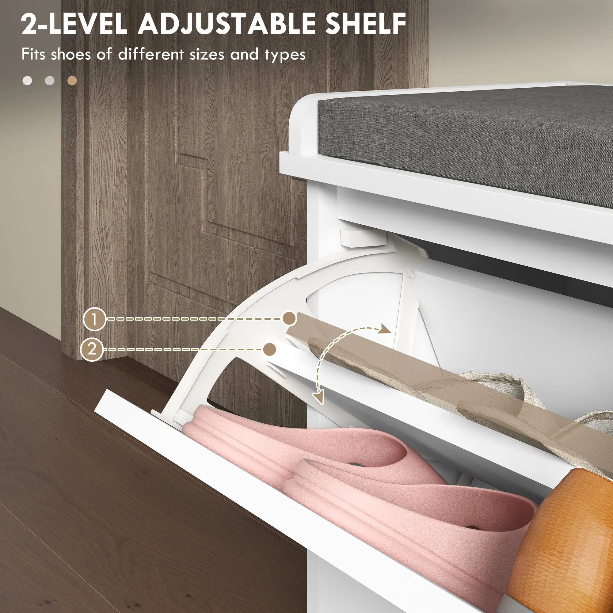 Entryway Shoe Bench with Storage Flip Drawer Adjustable Shelf for 8 Pairs Cushioned Hallway Bench White