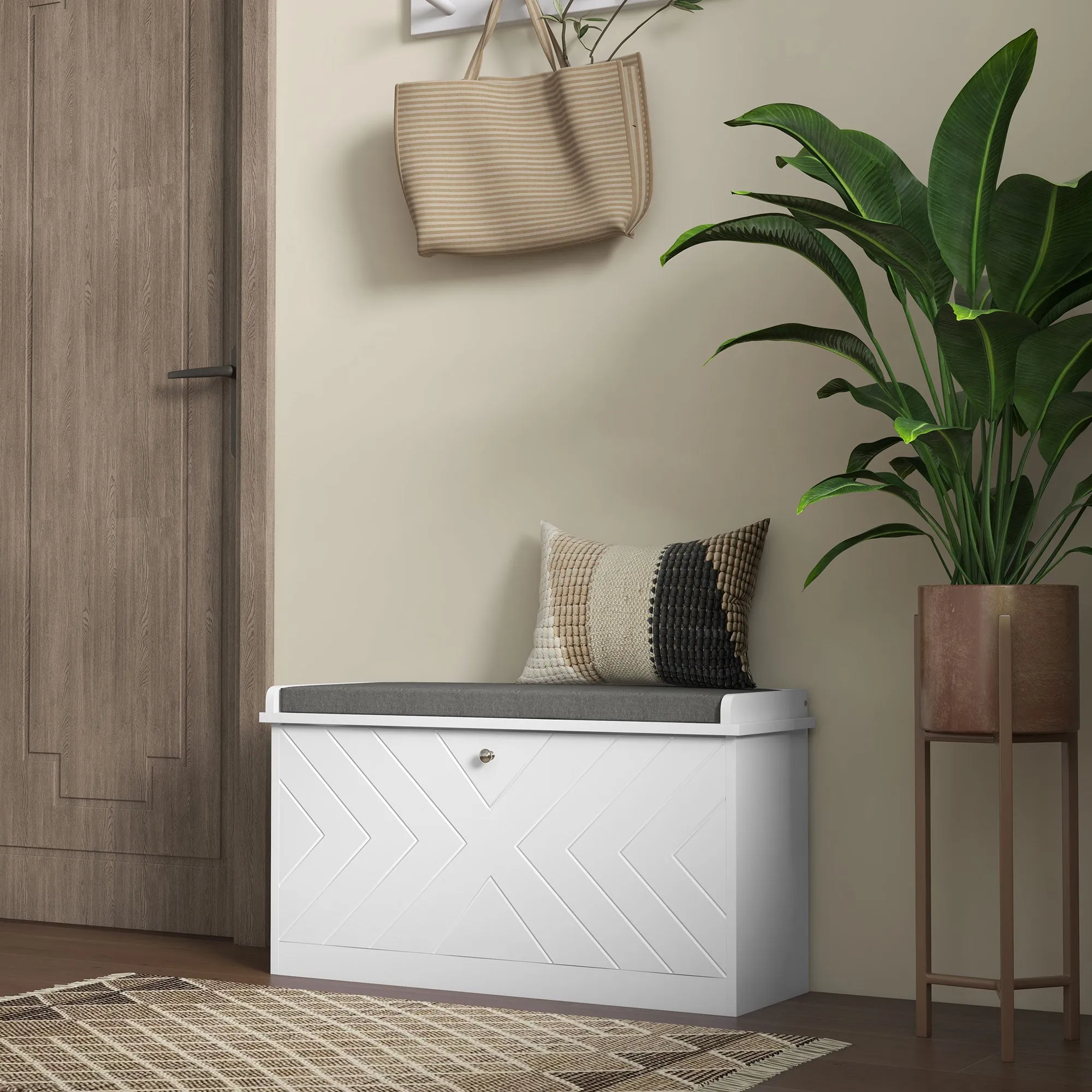 Entryway Shoe Bench with Storage Flip Drawer Adjustable Shelf for 8 Pairs Cushioned Hallway Bench White