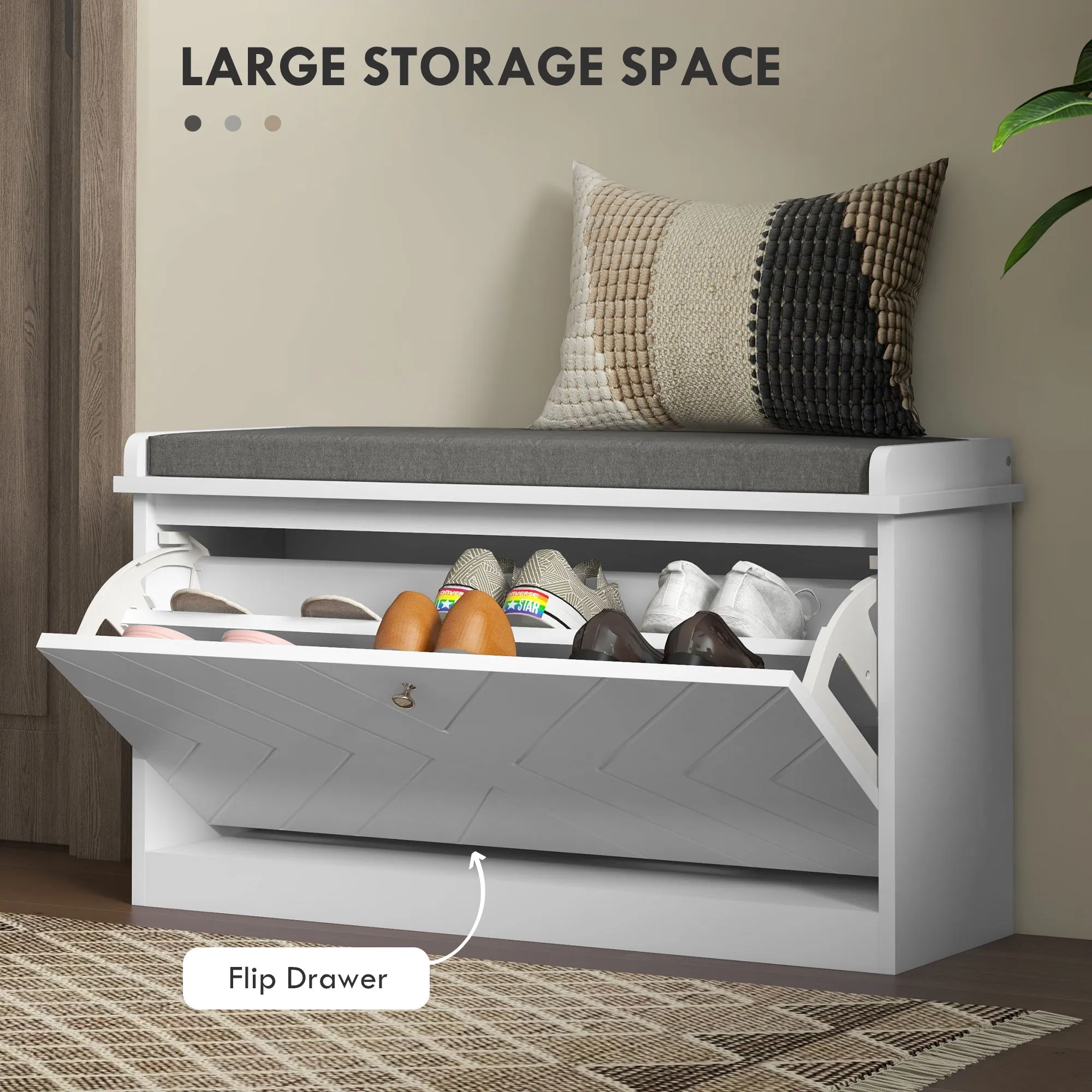 Entryway Shoe Bench with Storage Flip Drawer Adjustable Shelf for 8 Pairs Cushioned Hallway Bench White