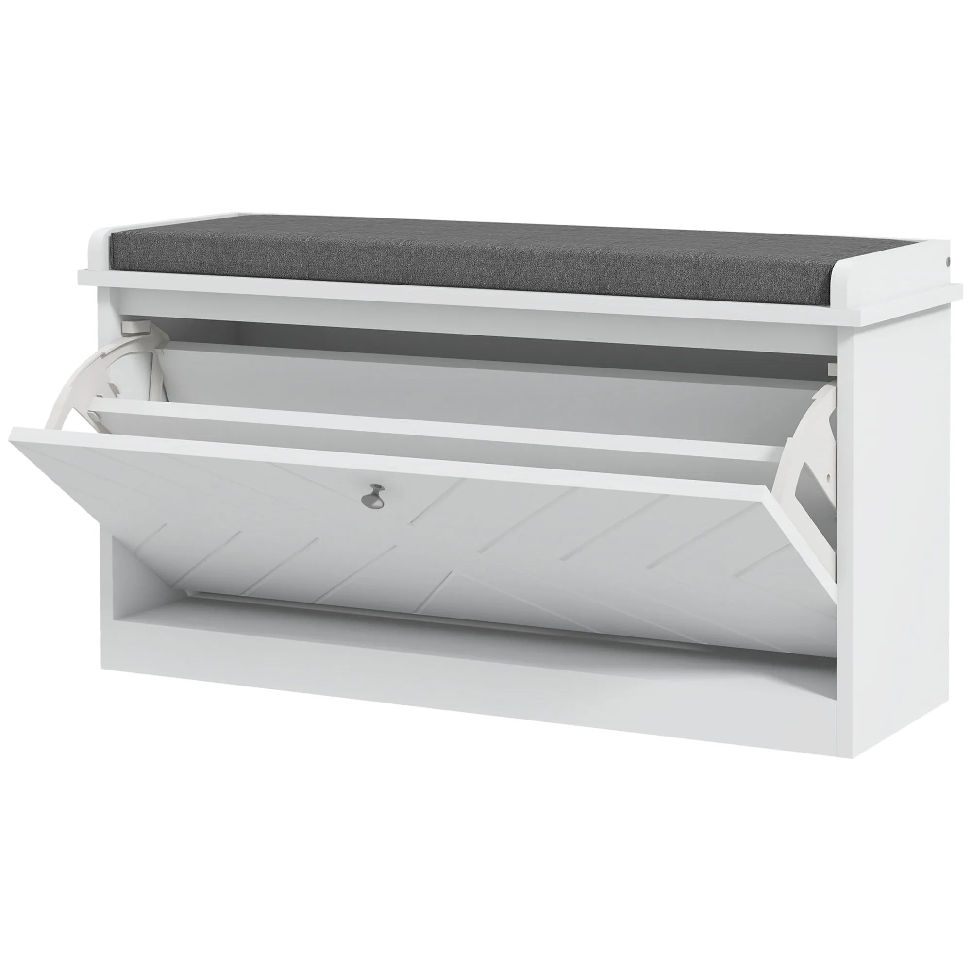 Entryway Shoe Bench with Storage Flip Drawer Adjustable Shelf for 8 Pairs Cushioned Hallway Bench White
