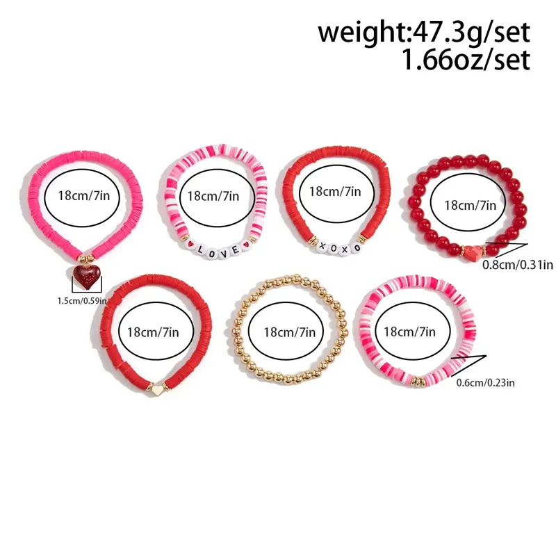 Female 7pcs/Set Trendy Love Heart Beaded Bracelets