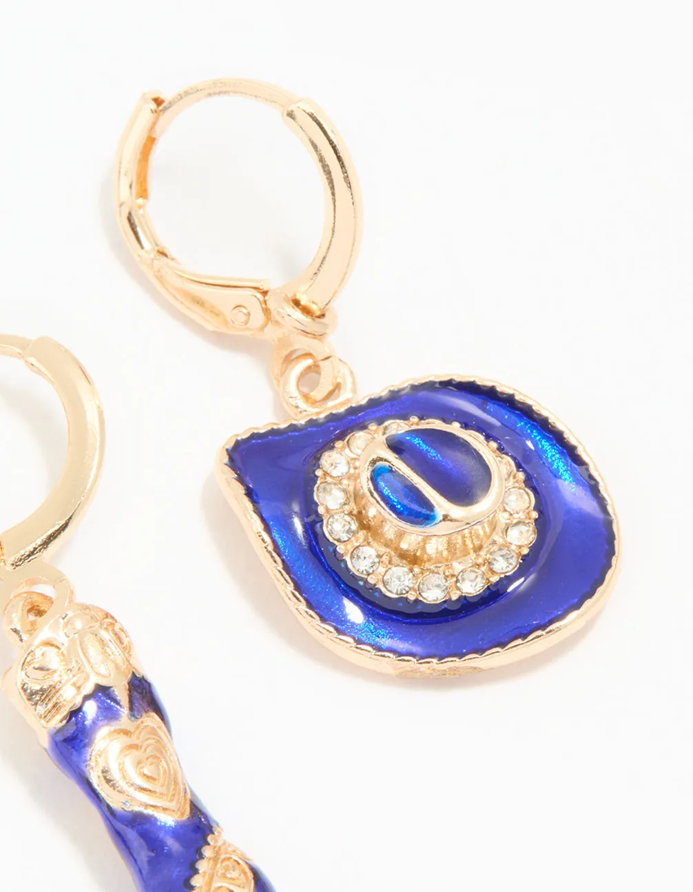 Gold Blue Enamel Mixed Cowgirl Huggie Earrings