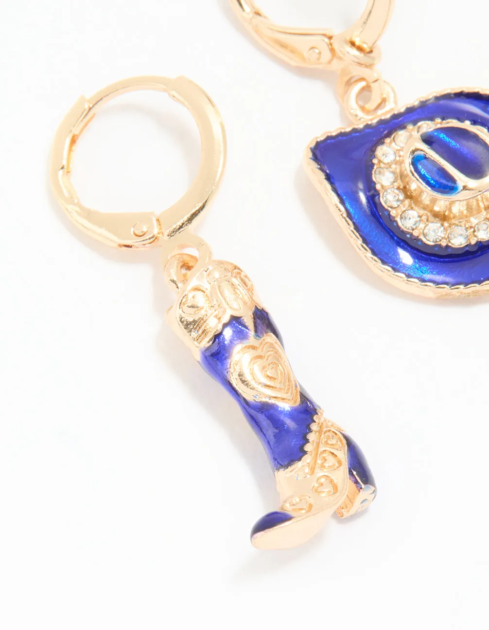Gold Blue Enamel Mixed Cowgirl Huggie Earrings