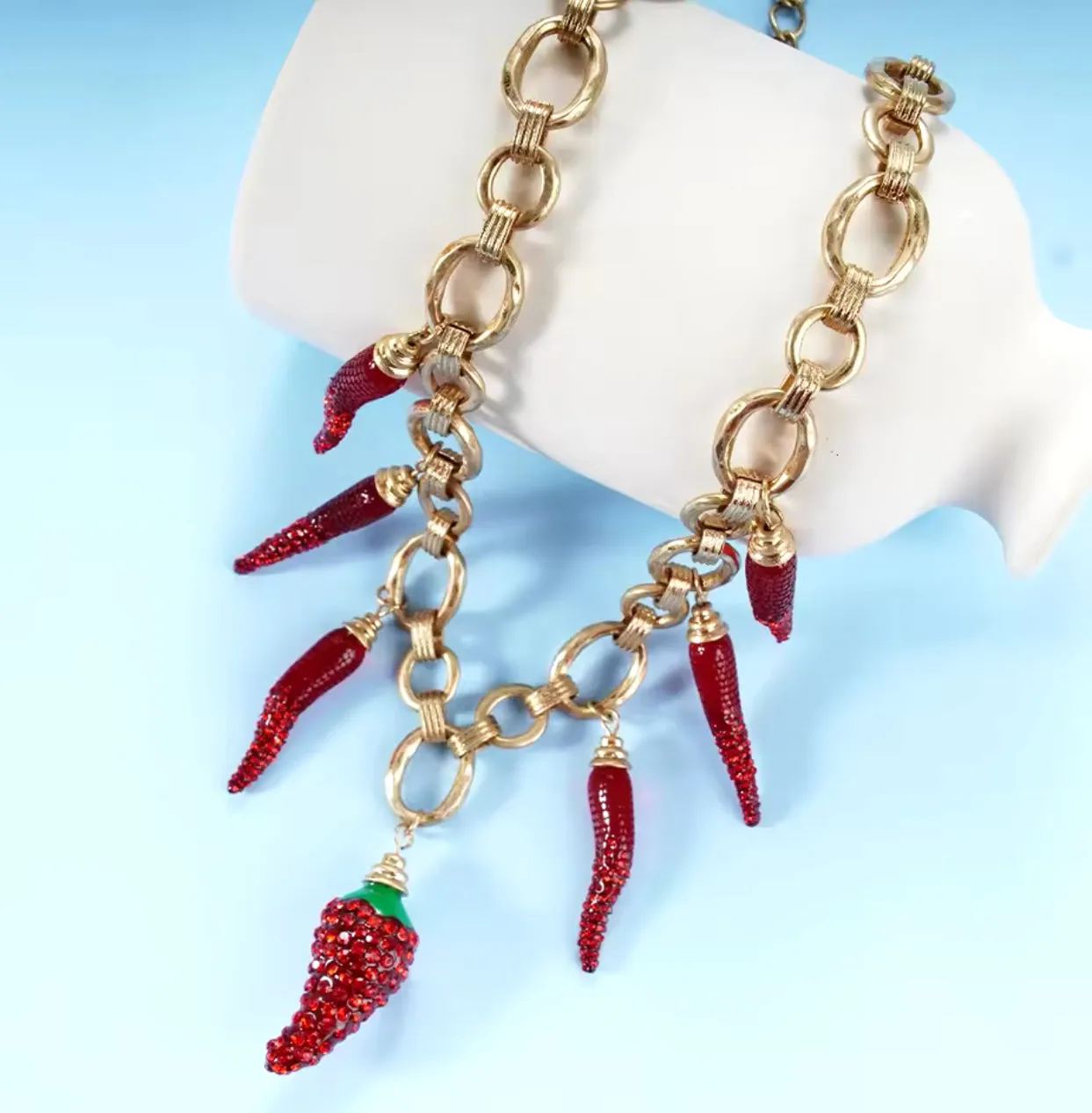 Gold Plated Chain Necklace with Red Chili Peppers as Charms | Erika Williner Designs