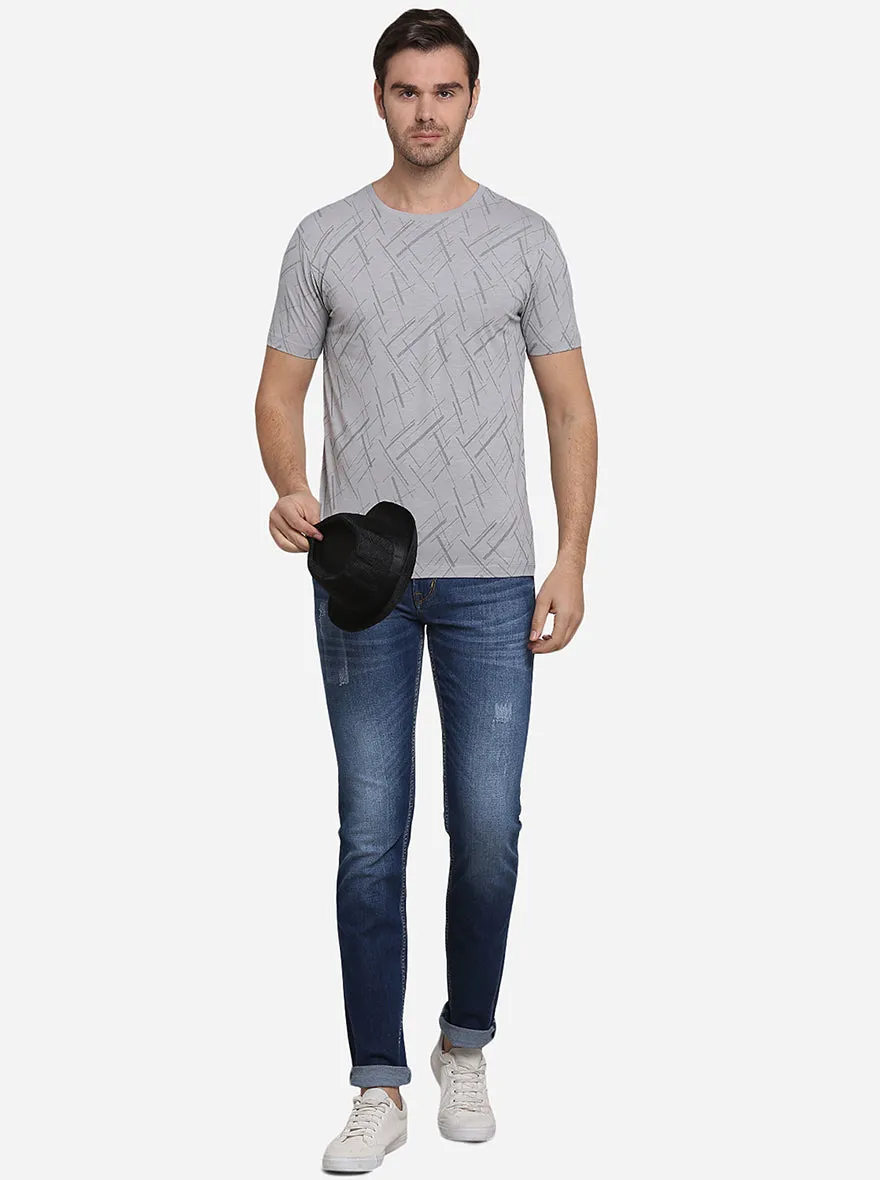Grey Printed Slim Fit T-Shirt | JadeBlue