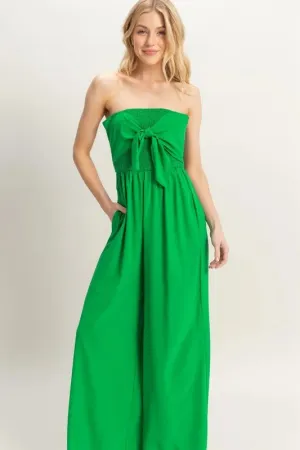 HYFVE Strapless Tie Front Smocked Jumpsuit