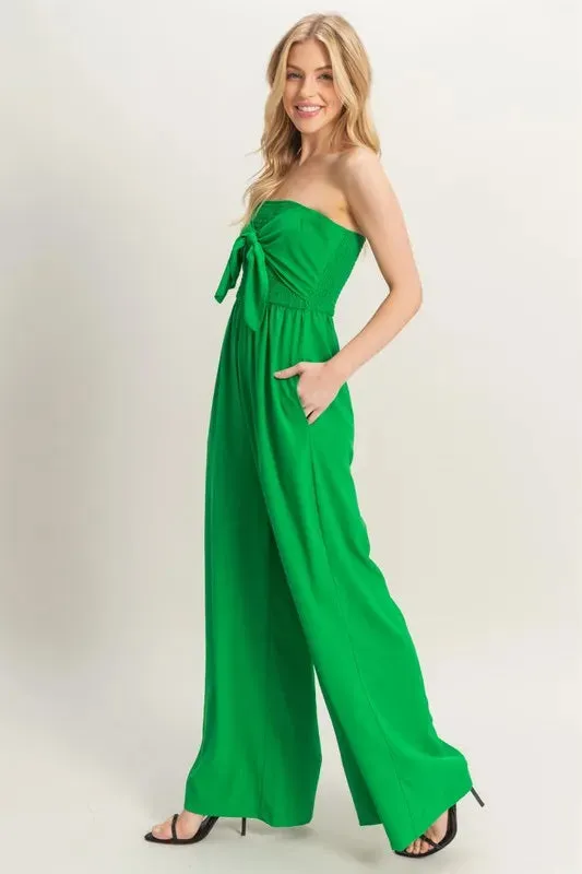 HYFVE Strapless Tie Front Smocked Jumpsuit