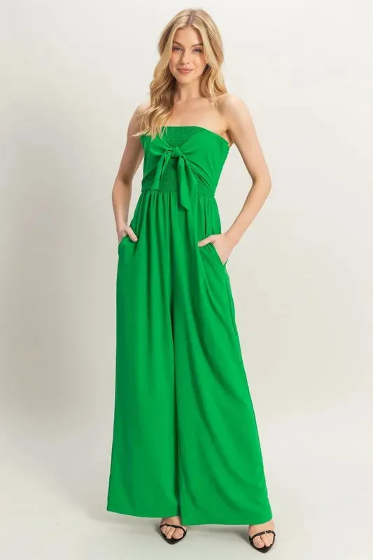 HYFVE Strapless Tie Front Smocked Jumpsuit