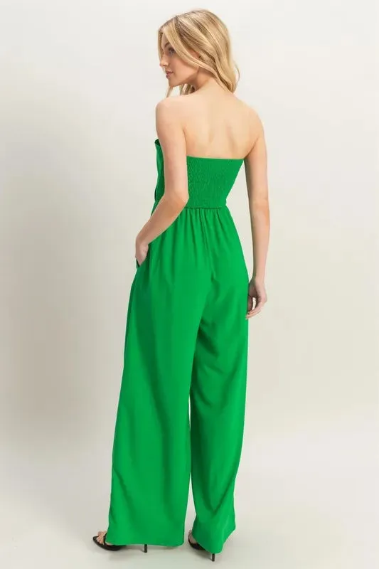 HYFVE Strapless Tie Front Smocked Jumpsuit