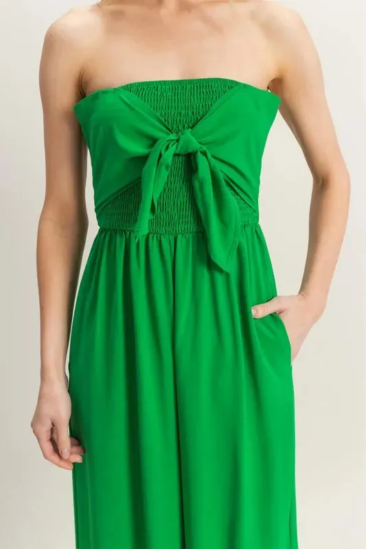 HYFVE Strapless Tie Front Smocked Jumpsuit