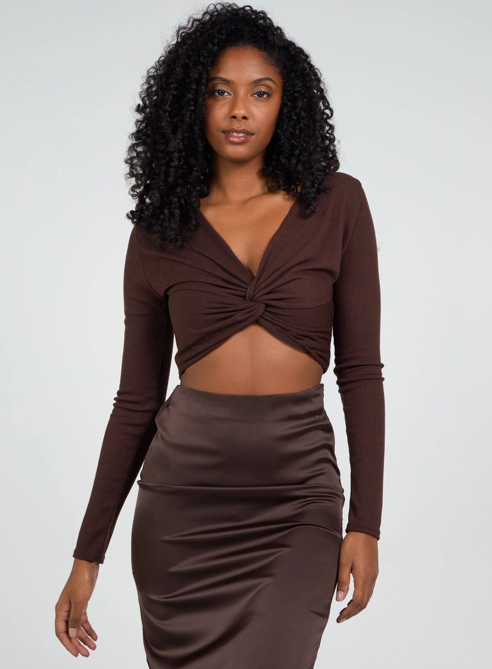 Knot Front Long Sleeve Ribbed Top